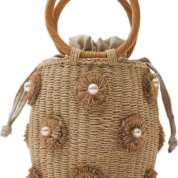 Summer Straw Bag Women Pearl Flower Bucket Tote Woven Rattan Purse - Picture 1 of 6
